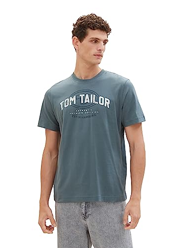TOM TAILOR Męski T-shirt z nadrukiem logo, 32506-dusty dark teal, XXL