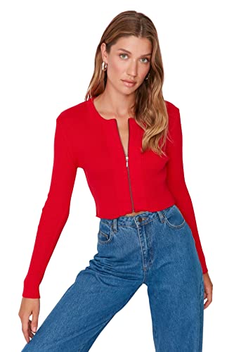 Trendyol Damski kołnierz z klapą gładki dopasowany kardigan sweter, czerwony, S, Czerwony, S