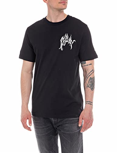 Replay T-shirt męski z krótkim rękawem z nadrukiem, 098 BLACK, M