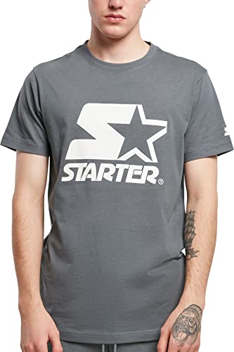 STARTER BLACK LABEL Męski T-shirt z nadrukiem z przodu i na rękawie, naszywka z logo na obszyciu, sportowy okrągły dekolt, wiele kolorów, rozmiar S do XXL, Heavymetal, L