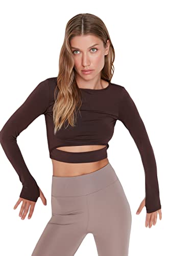 Trendyol Damska odzież sportowa Crop Basic Crew Neck Knit Bluzka, Ciemny brąz, L