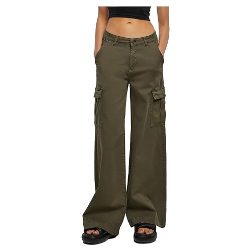Urban Classics Damskie spodnie z wysokim stanem, szerokie nogawki, Twill Cargo, oliwkowe, rozmiar 34, oliwkowy, 34