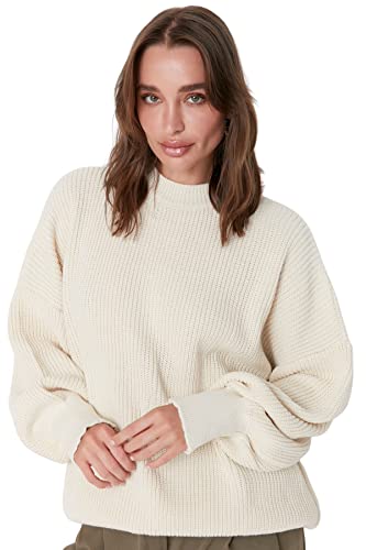 Trendyol Damski sweter z dzianiny oversize z okrągłym dekoltem, ecru, S, Ecru, S