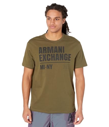 Armani Exchange T-shirt męski z okrągłym dekoltem, z logo Maxi na przodzie, kolor oliwkowy, bardzo mały