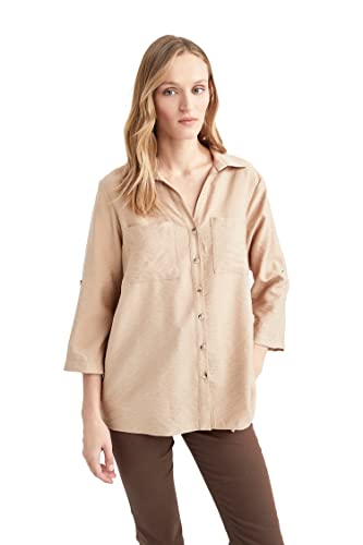 DeFacto Koszula damska z tkaniny bawełnianej z długimi rękawami, Vison, XL