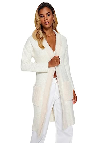 Trendyol FeMan Oversize Basic kardigan z dzianiny z dekoltem w serek, ecru, M, Ecru, M