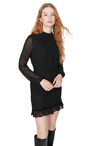 Trendyol Damska mini sukienka z falbanami na brzegach, czarna, 38, Czarny, 64