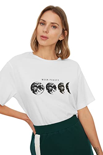 Trendyol Damska koszulka oversize z okrągłym dekoltem i dzianiny biała, biały, S