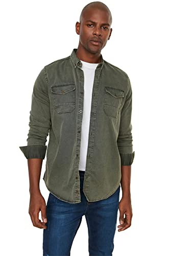 Trendyol Męska koszula Khaki Men Regular fit Metal Button Shirt, XL