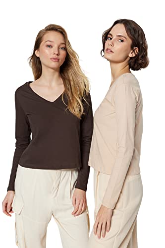 Trendyol Damska koszulka z dzianiny o regularnym kroju z dekoltem w serek, Beżowy/brązowy, S