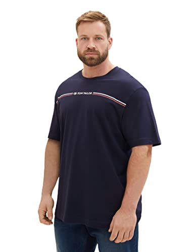 T-shirt męski plus size TOM TAILOR z nadrukiem w paski i logo, 10668-niebieski kapitan nieba, 5XL