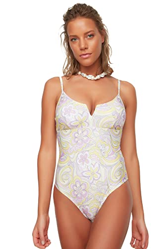 Trendyol Women's kwiatowy kostium kąpielowy z dekoltem w kształcie litery V, jednoczęściowy strój kąpielowy, wielokolorowy, 34