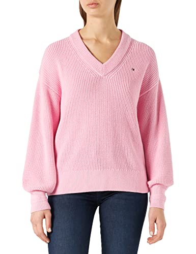 Tommy Hilfiger Damski sweter V-NK z bawełny prążkowanej dzianiny, klasyczny różowy, L