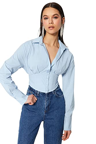 Trendyol Damska koszula Glam Regular Fit Basic Kołnierz Tkana koszula, niebieska, 38, NIEBIESKI