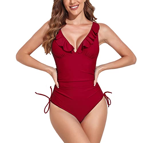 Stroje kąpielowe dla kobiet V-Neck Sexy Marszczący Strój Kąpielowy Jednoczęściowy Kontrola brzucha, B-4 Czerwony Różowy, S