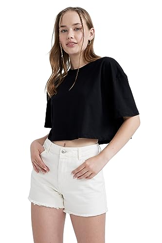 DeFacto Damska koszulka oversize Crop Tops – klasyczna koszulka basic dla kobiet – wygodna koszulka oversize dla kobiet, czarny, M