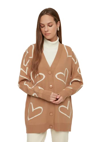 Trendyol Damski design zrelaksowany podstawowy dekolt w serek dzianina skromne kardigany, BEŻOWY, Rozmiar uniwersalny