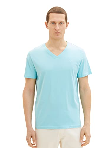 T-shirt męski TOM TAILOR Basic z dekoltem w szpic, 31046-niebieski kamień tybetański, XS
