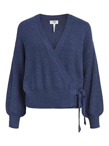 Object Women's OBJMALENA L/S WRAP Kardigan NOOS kurtka dzianinowa, Bijou Blue/szczegóły: melanż, L, Bijou Blue/Szczegóły: melanż, L