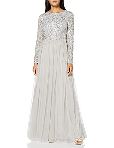Maya Deluxe Maya Deluxe damska sukienka maxi z długim rękawem Maya zdobiona sukienka maxi dla druhny, Delikatny szary, 40