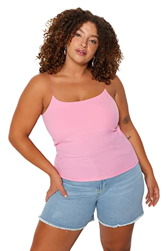 Trendyol Damska dopasowana bluzka basic z okrągłym dekoltem w rozmiarze plus size, różowa, 2XL, różowy, XXLus