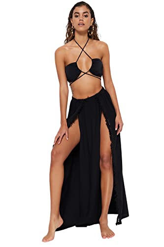 Trendyol Damska bielizna plażowa maxi Wrapover tkana spódnica, Czarny, 60