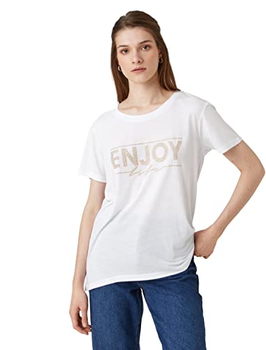Koton Damska koszulka Shiny Bead Embellished Short Sleeve Crew Neck, Off White (001), XXL