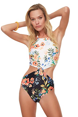 Trendyol Women's kwiatowy wzór, szczegółowy kostium kąpielowy One Piece Swimsuit, biały, 34