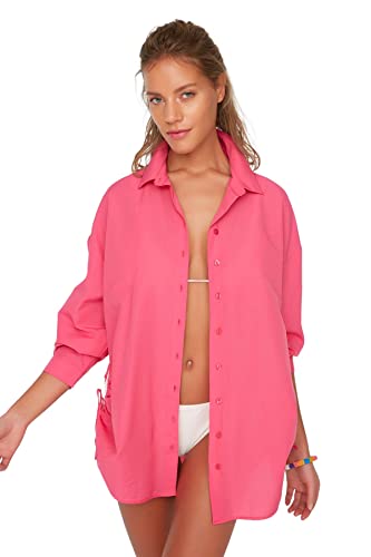 Trendyol Damska koszula plażowa oversize Basic koszula z kołnierzem tkana koszula, fuksja, 64