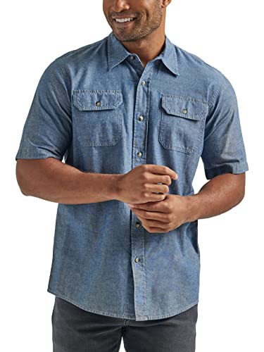 Wrangler Authentics Męska koszula z krótkim rękawem, klasyczna, tkana, guzik, Dark Chambray, XL