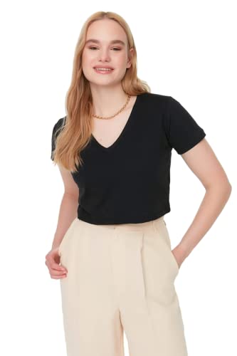 Trendyol Damska koszulka basic basic z dzianiny z dekoltem w serek, Czarny, L