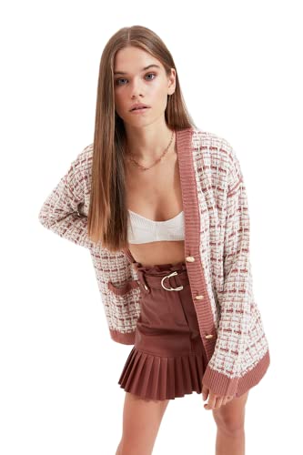 Trendyol Damski damski sweter oversize standardowy dekolt w serek dzianinowy kardigan, pyłoszczelna róża, S/M, Pudrowy róż, S-M