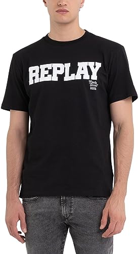 Replay Męski T-shirt z krótkim rękawem, okrągły dekolt, logo, czarny (Black 098), XS, Black 098, XS