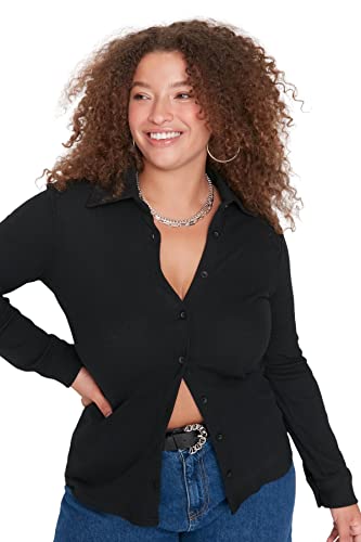 Trendyol Damska koszula plus size regularny krój podstawowy kołnierz dzianinowa koszula plus size, czarna, 3XL, Czarny, 3XL
