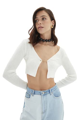 Trendyol Damski sweter slim standardowy dekolt w serek tkany kardigan, Ecru, XS
