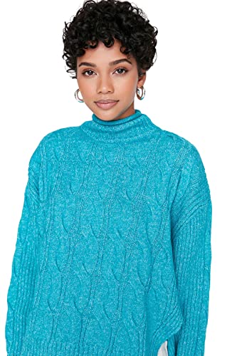 Trendyol Damska bluza z golfem, zwykła, turkusowa, S, turkusowy, S