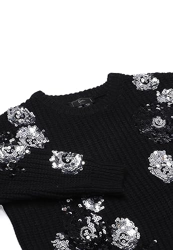 faina Damski sweter z okrągłym dekoltem z cekinami i kwiatowym wzorem, czarny, rozmiar XS/S, czarny, XL