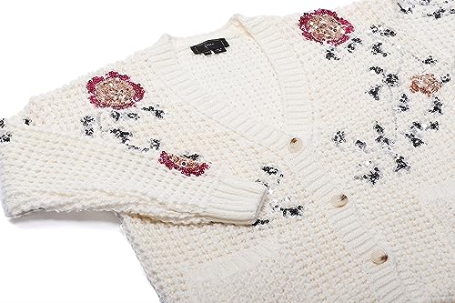 faina Damski średniej długości, modny kardigan z cekinami i kwiatowym wzorem, Wełna biała, rozmiar XS/S, biały (wollweiss), XL