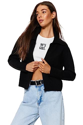Trendyol FeMan Regular Fit Basic Polo Neck Dzianina kardigan, czarny, S, Czarny, S