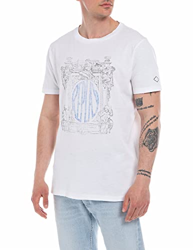 Replay T-shirt męski z krótkim rękawem z nadrukiem, 001 White, XXL