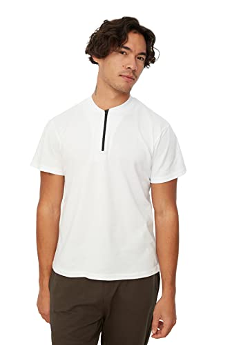 Trendyol Męski T-Shirt White Slim Fit Zippered T-Shirt, L