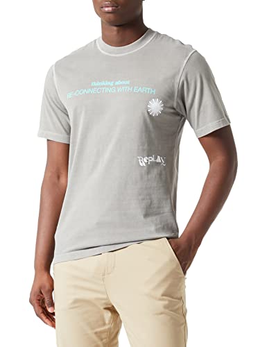 Replay Męski T-shirt z krótkim rękawem, napis i backprint, Nepali Grey 585, M