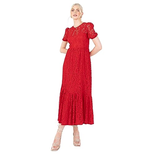 Lovedrobe Damska sukienka Midaxi Short Sleeve Puff Lace Empire A-line Tie Back for Wedding Guest Bridesmaid Evening Occasion, czerwona, 44, czerwony, 44