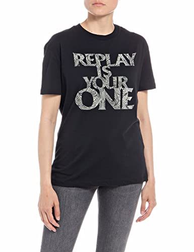 Replay T-shirt damski z krótkim rękawem z napisem, 098 BLACK, S
