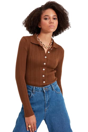 Trendyol Damski dopasowany kardigan z dzianiny bodycon polo z dekoltem, Brązowy, S