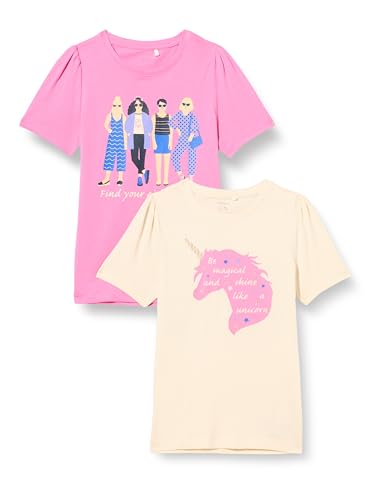 Bestseller A/S Dziewczęcy NKFKATY SS TOP PB 2P T-Shirt, Whitecap Gray/Pack:W. WILD Orchid, 134/140, Whitecap Gray/Pack:w. Wild Orchid, 134/140 cm