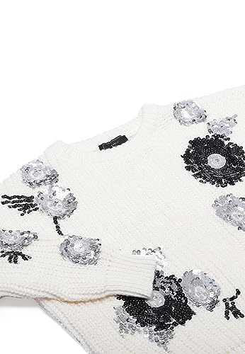 faina Damski sweter z okrągłym dekoltem z cekinami i wzorem kwiatowym Wełna BIAŁA, rozmiar XS/S, biały (wollweiss), XL