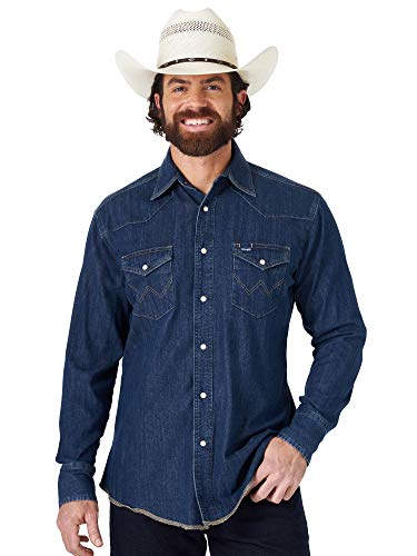 Wrangler Męska koszula robocza z długim rękawem w stylu kowbojskim, sprane wykończenie, guziki, nieprzejrzysta, Ciemny denim, 3X Długi