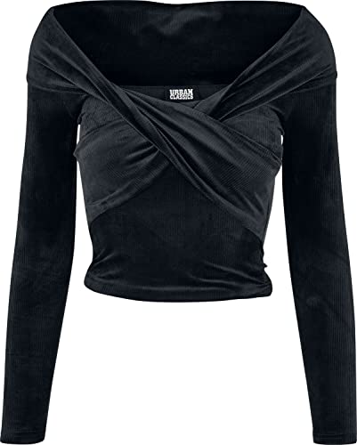 Urban Classics Ladies Velvet Rib Crossed Off Shoulder Długi rękaw Koszulka damska, czarny, XL