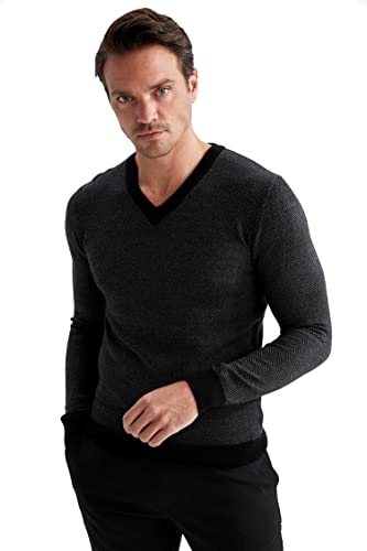 DeFacto Męski sweter z dzianiny z długim rękawem okrągły dekolt - slim fit sweter dla mężczyzn topy (czarny, M), czarny, M